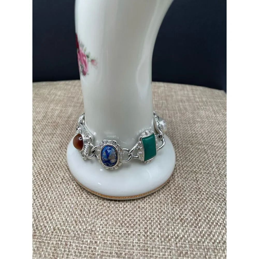 Vtg STUNNING Sarah Coventry FROST CABOCHON STONES ART DECO SLIVER Bracelet